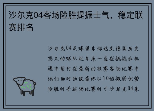 沙尔克04客场险胜提振士气，稳定联赛排名