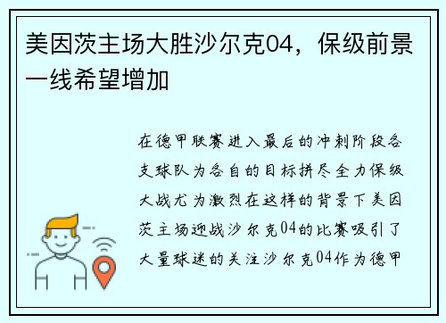 美因茨主场大胜沙尔克04，保级前景一线希望增加