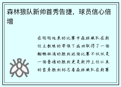 森林狼队新帅首秀告捷，球员信心倍增