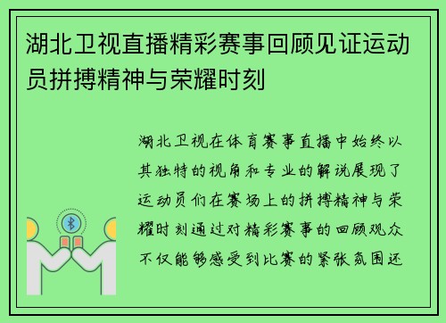 湖北卫视直播精彩赛事回顾见证运动员拼搏精神与荣耀时刻