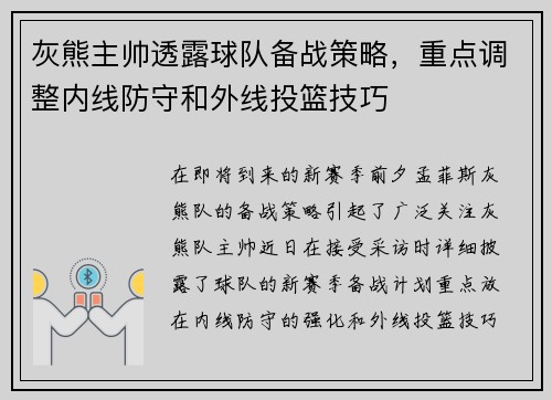 灰熊主帅透露球队备战策略，重点调整内线防守和外线投篮技巧